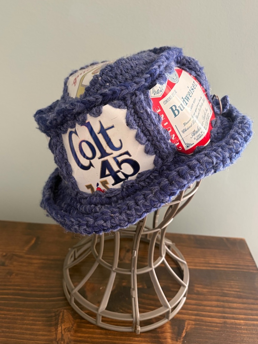 1970’s Vintage Beer Can Crochet Bucket  Hat - Navy with 6 Different Beer Cans
